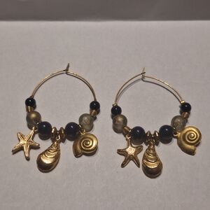 Gold Hoop Earrings with Navy Beads and Sea Charm Dangles